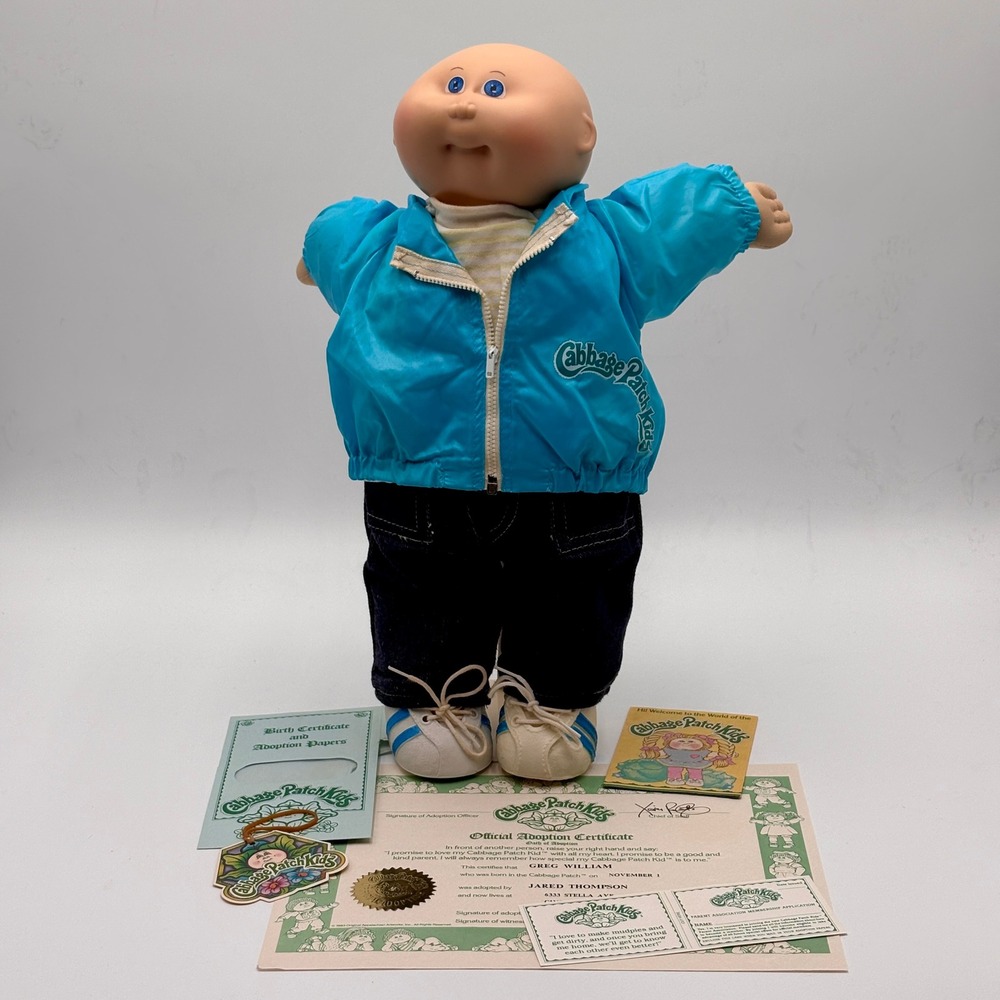 1983 Cabbage Patch Kids Blue Eyes Bald HM #1 OK 16" Boy Doll Papers Coleco